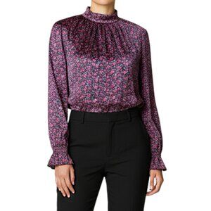 GAP NWT Satin Black & Pink Floral Mock Neck Smock Blouse Womens Size S